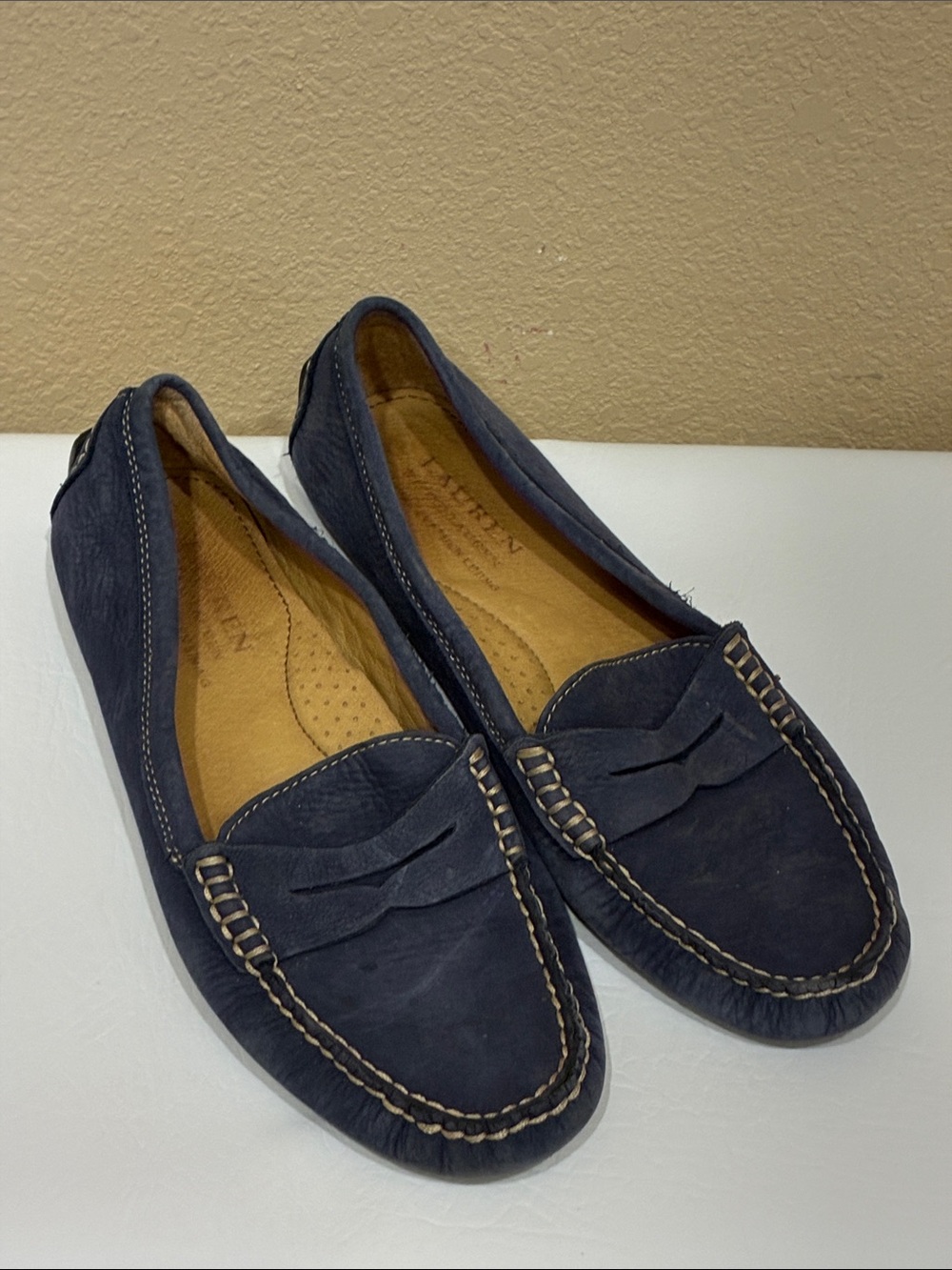 Lauren Ralph Lauren Navy Suede Penny Loafers with Contrast Stitch